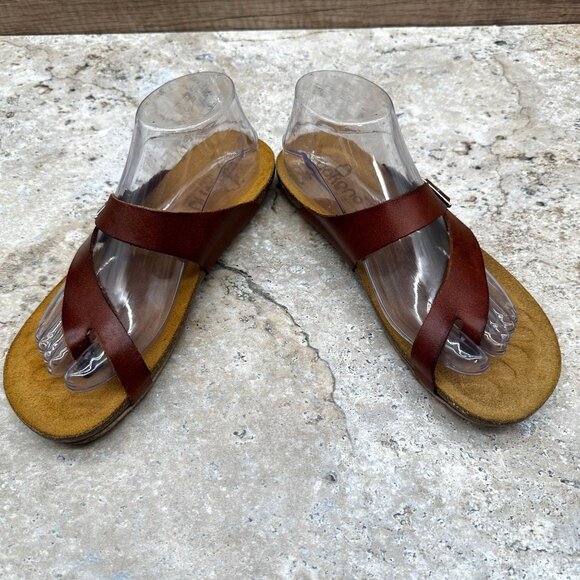 Yokono Sandals Womens Size 9 Cognac Leather Toe Loop Slides Adjustable Buckle - Picture 5 of 11